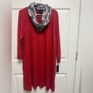 Chic Red Long Sleeve Dress with Plaid‎ Scarf size XL